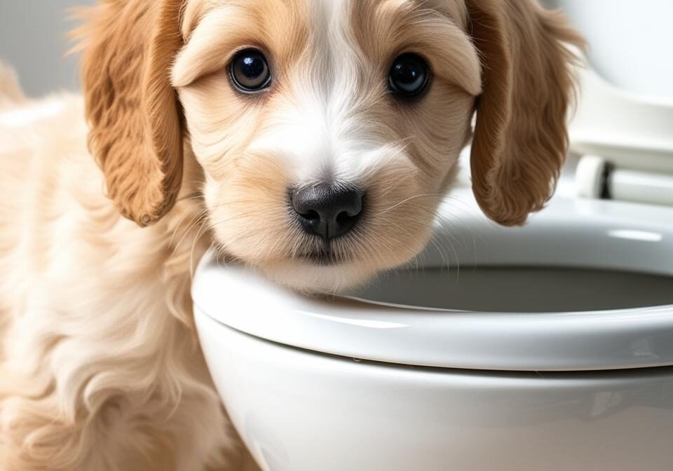 A cockapoo puppy looking into a toilet A cockapoo puppy looking into a toilet