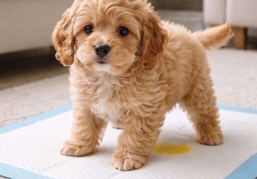 Cream Cockapoo puppy weeing on a puppy pad in a living room