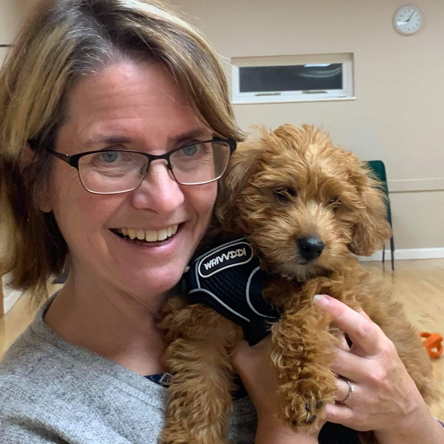 A photo of Clair Hickson with a beige cockapoo dog